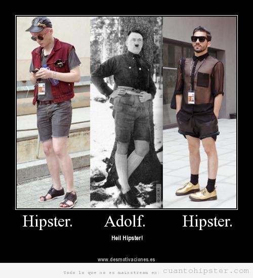 Chicos hipster con pantalones cortos y calcertines subidos como Adolf Hitler