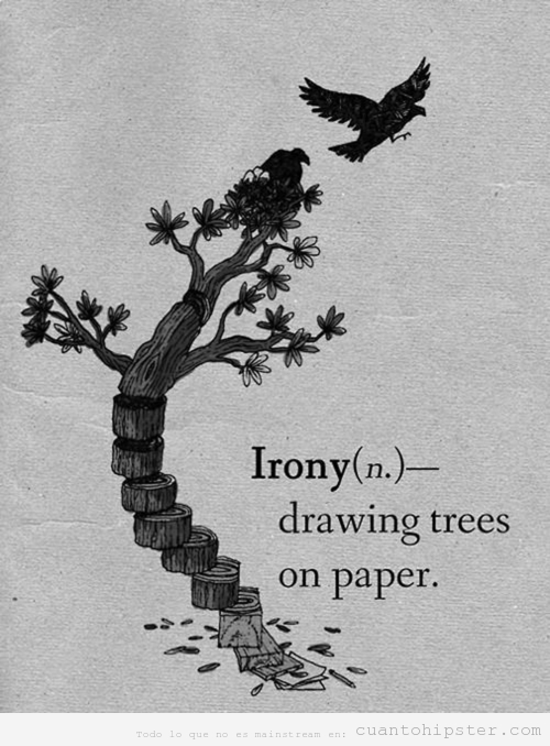 Ilustración hipster definición ironía, dibujar árboles en papel