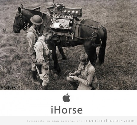 Teléfono móvil antiguo en un caballo, para hipsters, iHorse