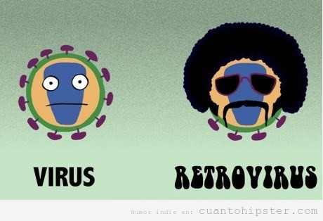Dibujo gracioso de la diferencia entre un virus y un retrovirus