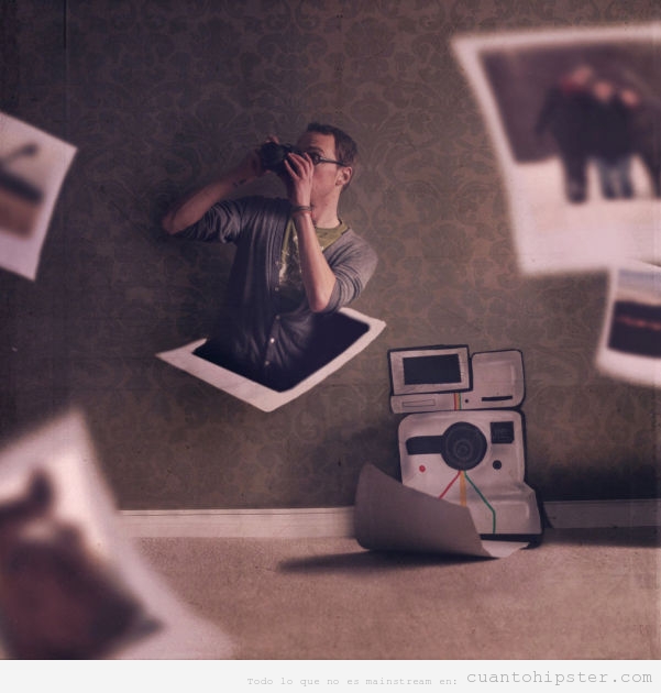 Fotomontaje, un fotógrafo hipster saliendo de una Polaroid