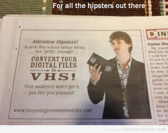 Anuncio para hipster en un periódico, pasar DVD a VS