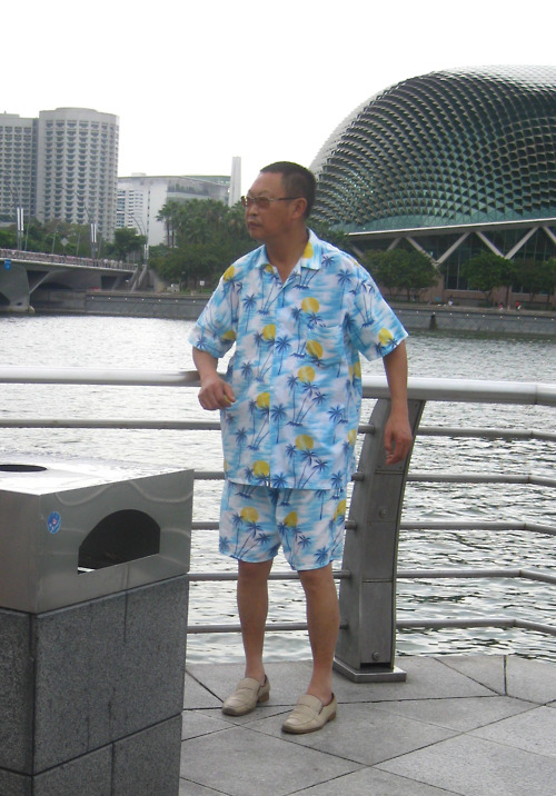 Foto graciosa de un señor chino accidentalmente hipster con camisa palmeras
