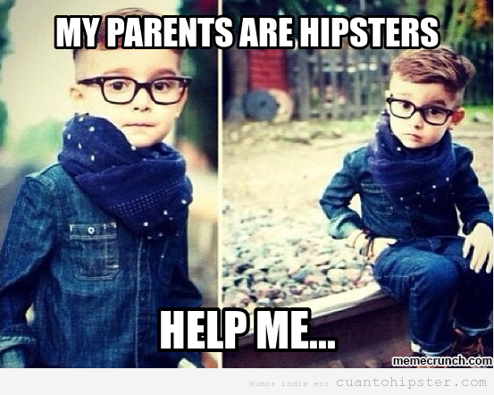 Meme gracioso de un niño con padres hipsters