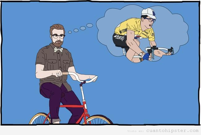 Viñeta graciosa en qué piensan los hipsters cuando van en bici