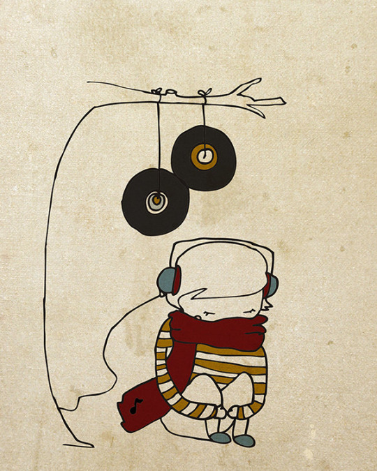 Ilustración bonita chico indie escuchando vinilos