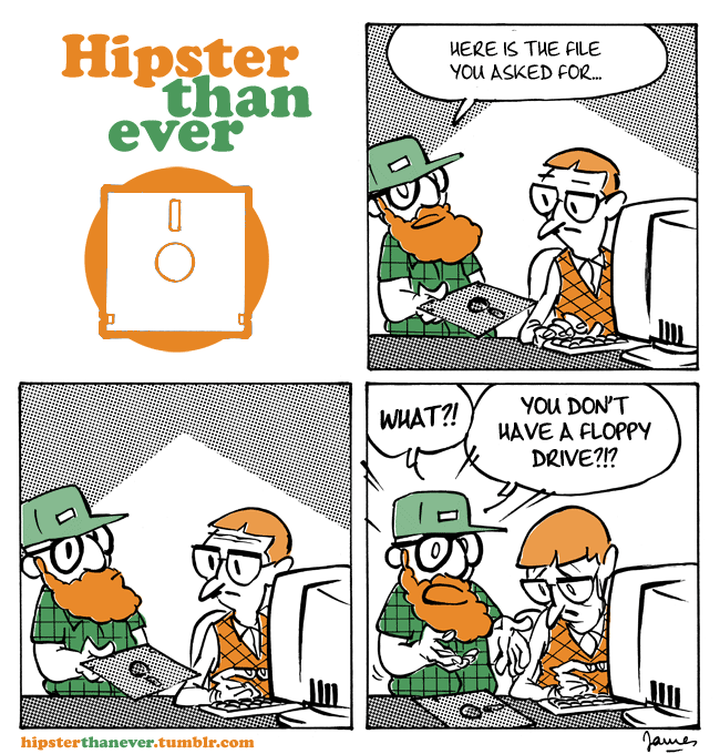 Humor gráfico, hipster con Floppy Disk
