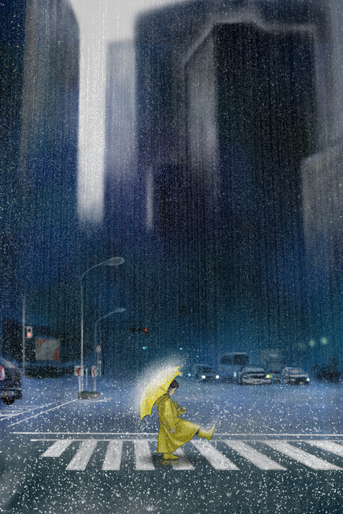 ilustración bonita lluvia en la ciudad con paraguas amarillo