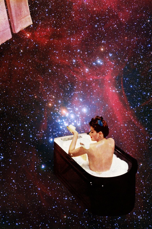 Fotomontaje hipster, tomar un baño en una nebulosa