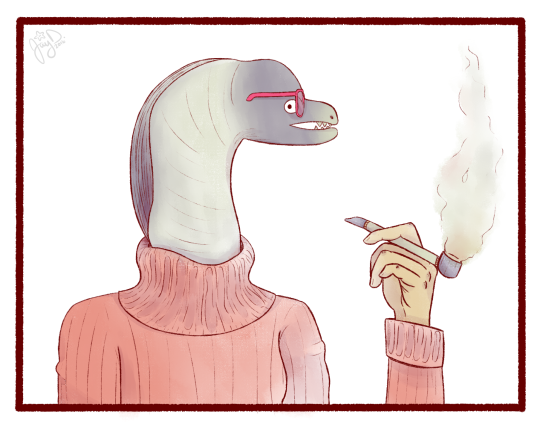 Dibujo dinosaurio beatnik, jersey cuello cisne y fuma en pipa