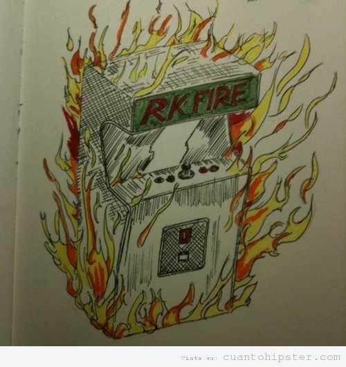 Dibujo de Arcade Fire, una máquina de videojuegos Arcade ardiendo