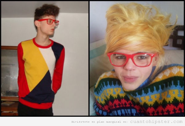 Amor hipster es una pareja con jersey de lana de colores y gafas rojas de pasta