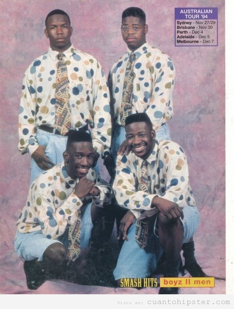 Grupo música años 90 Boyz II men con ropa hipster