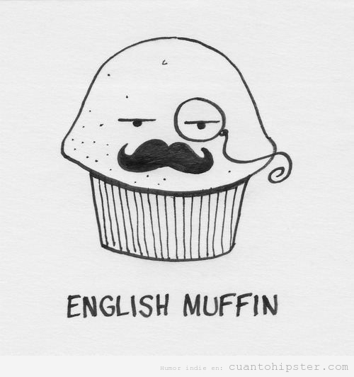 Dibujo gracioso de un english muffin con monóculo y bigote