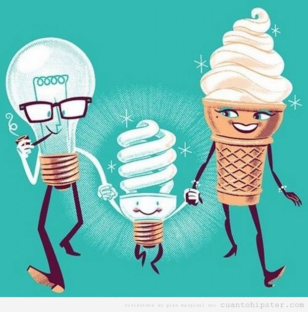 Humor gráfico, bombilla de bajo consumo sale de bombilla antigua y un cono de helado