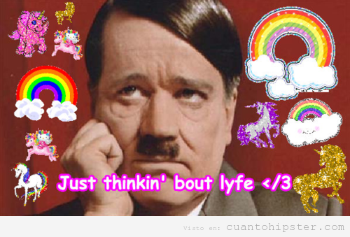 Adolf Hipster Hitler pensando en su vida, arcoiris y unicornios