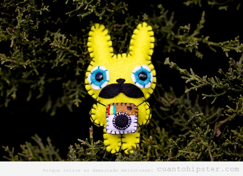 Broche de fieltro de un conejo hipster con bigote y cámara de foto Instagram