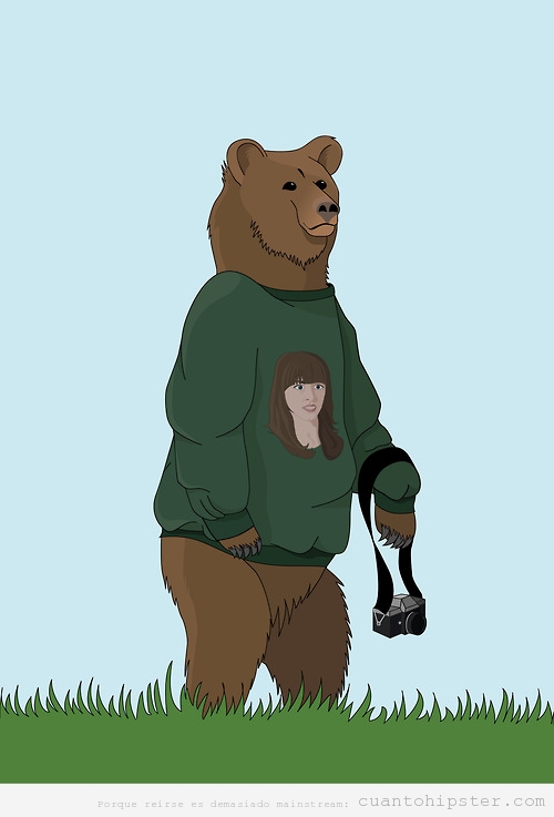 Dibujo curioso de un oso hipster fotógrafo con sudadera con cara de chica