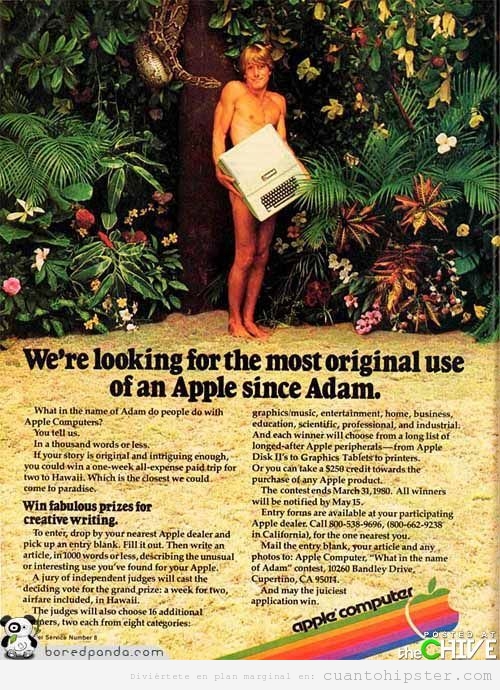 Anuncio vintage de Apple imitando el cuadro de Adan en el paraíso