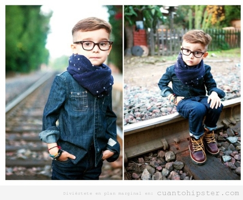 Fotos de un niño con ropa hipster posando en la vía del tren