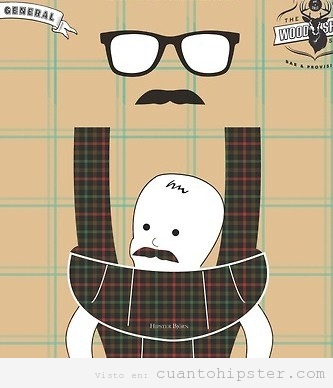 Dibujo gracioso de un padre hipster con moustache y su hijo colgando del pecho