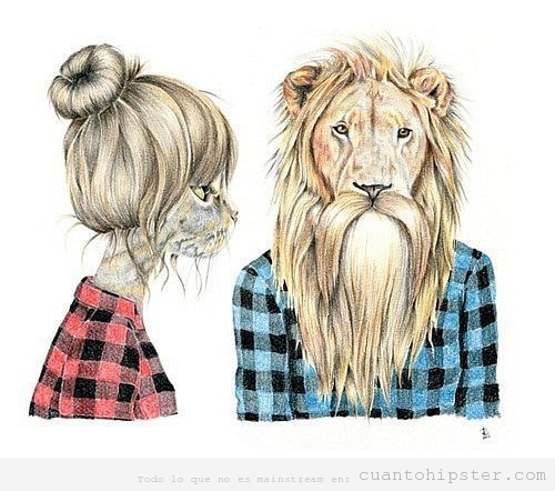 Dibujo león y leona con camisa de cuadros hipsters