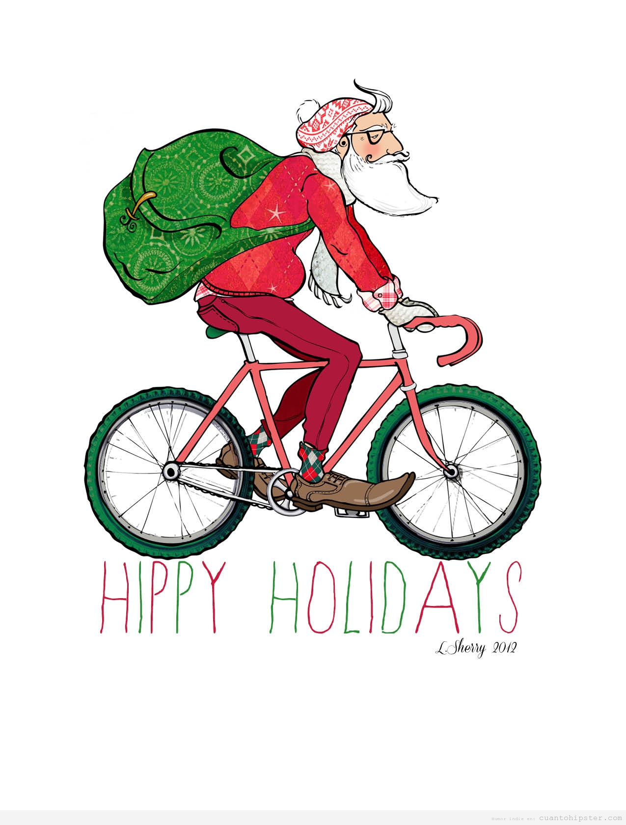 Santa Claus o Papa Noel hipster reparte los regalos en bicicleta