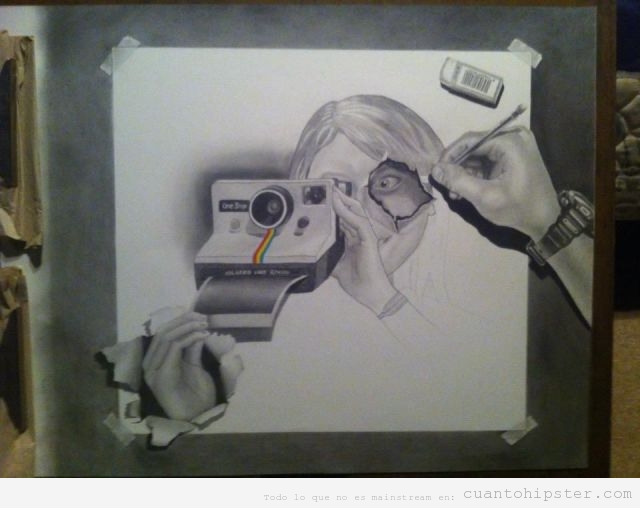 ilustración a lápiz cin efectos de una chica con Polaroid