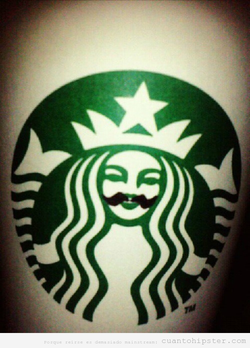 Logo de Starbucks hipster con bigote pintado