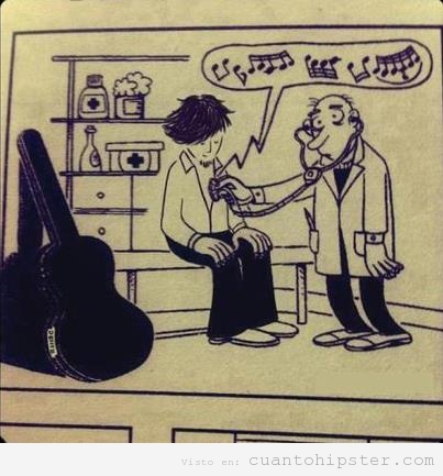 Comic de un músico, el docto ausculta su corazón y suenan notas musicales