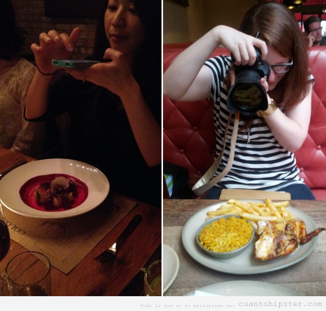 Chicas haciendo fotos con cámaras reflex a la comida