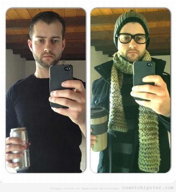 Foto curiosa de un chico antes y después de pasar por hipsterizador
