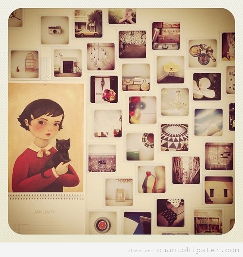 Imagen indie y vintage, pared de habitación llena de Polaroids