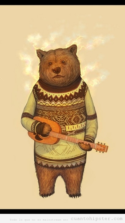 Ilustración de un oso hipster con jersey de lana y ukelele