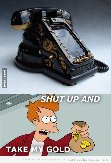 Meme gracioso de Futurama, teléfono antiguo como soporte de iPhone