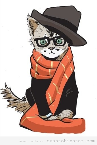 Dibujo de un gato gafapasta, con sombrero y bufanda