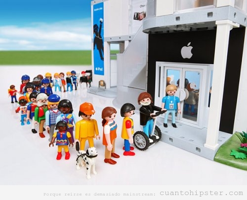 Juguetes para niños hipsters, playmobil haciendo cola en la Apple Store