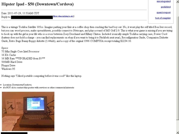 Anuncio gracioso en Craiglist, venta portátil antiguo como Hipster iPad