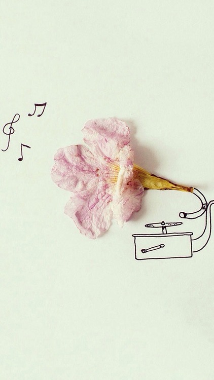 Dibujo bonito de un gramófono con una flor campanilla
