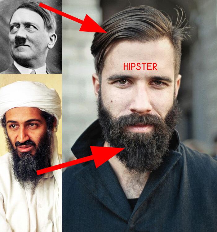 Hipster con peinado de Hitler y barba de Bin Laden