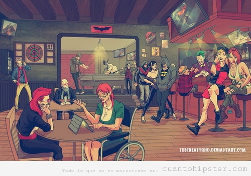 Ilustración superhéroes y villanos en un bar hipsters