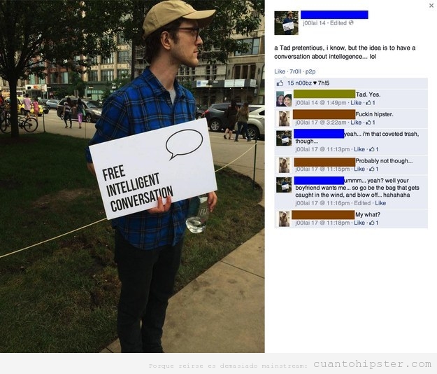Foto de un hipster que ofrece conversación inteligente gratis