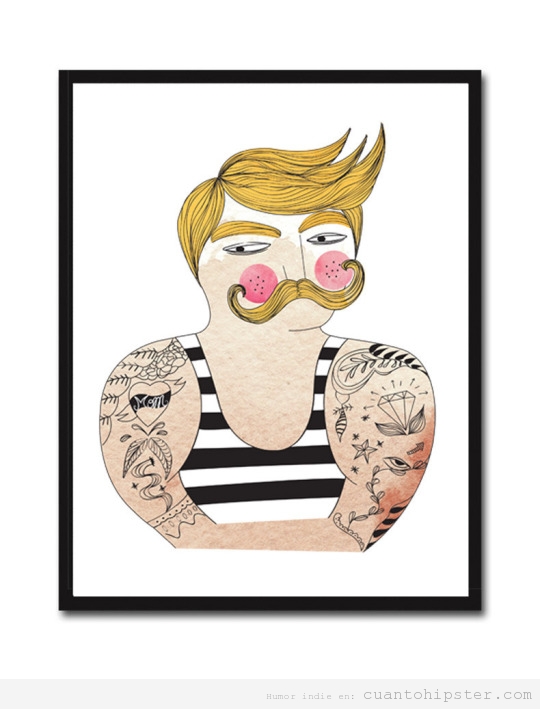Ilustración marinero hipster con tatuajes y bigote
