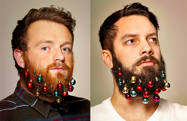 Hipster barba decorada como árbol de Navidad